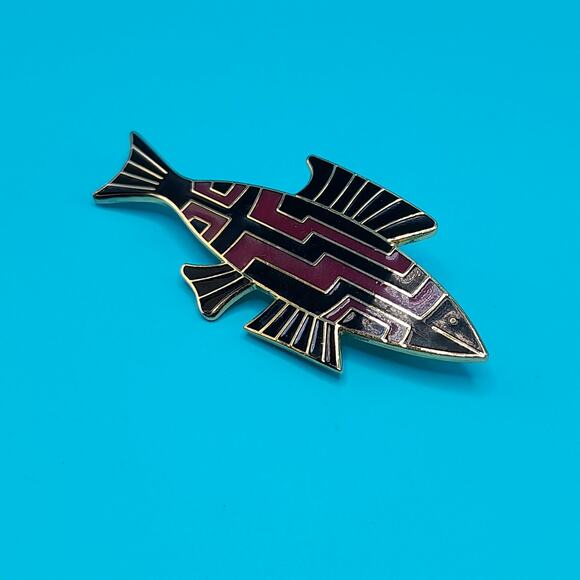 Vintage Laurel Burch Fish Brooch, Cloisonné Enamel Black Brown, Gold Plated 1980 - Picture 10 of 10